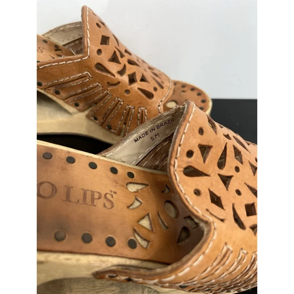 Y2K Vintage Wedge Sandals 5 Tan Leather Chunky Platform Wooden Block Heel Cutout
